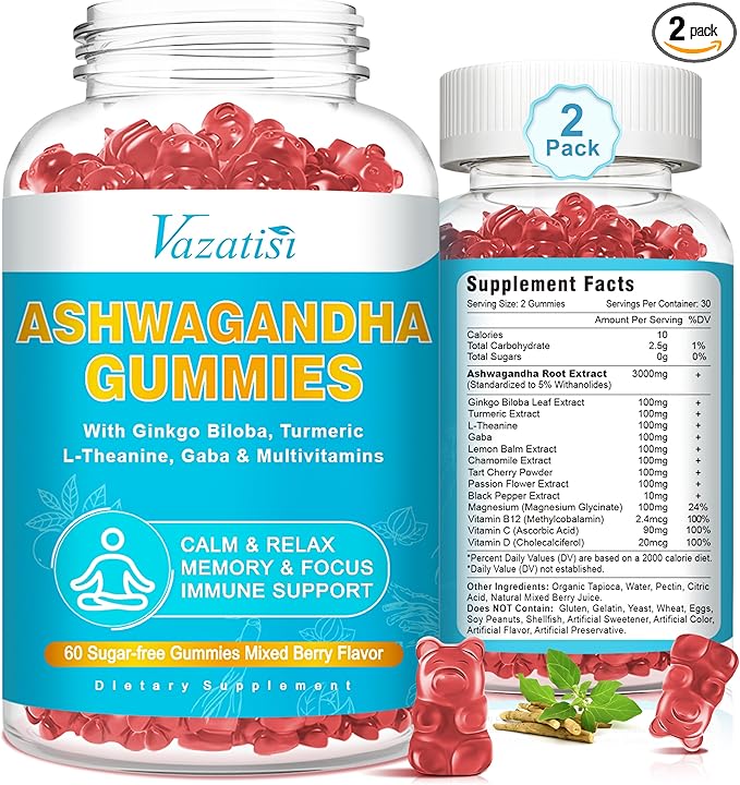 2 Pack Ashwagandha Gummies with Turmeric GABA Mood Energy and Immune Support, Mixed Berry Flavor 120 Cts