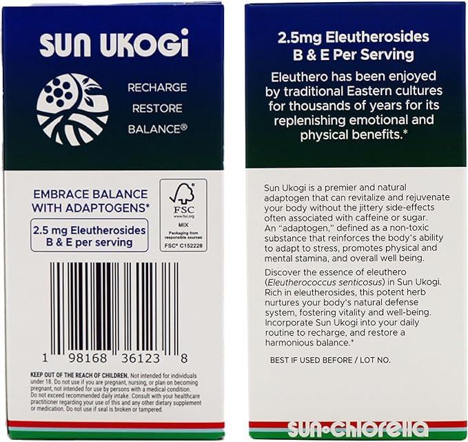 Sun Chlorella Sun Ukogi Organic Eleuthero Root 200 mg Siberian Ginseng Supplement - Natural Adaptogen Well Being & Endurance Supplement for Women & Men - Non-GMO - 240 Tablets