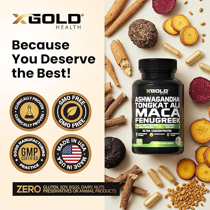 Ashwagandha 5000mg + Tongkat Ali 1000mg + Maca Root 5000mg + Fenugreek 3000mg Supplement | Black + Red + Yellow Maca Root Extract & Fenugreek Herbal Supplements for Men & Women - Made in USA