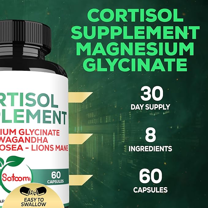 Satoomi 8in1 Cortisol Manager - Supplement with Magnesium Glycinate, Ashwagandha, Rhodiola Rosea, Lions Mane & More - Cortisol Reducer Men & Women - 60 Capsules