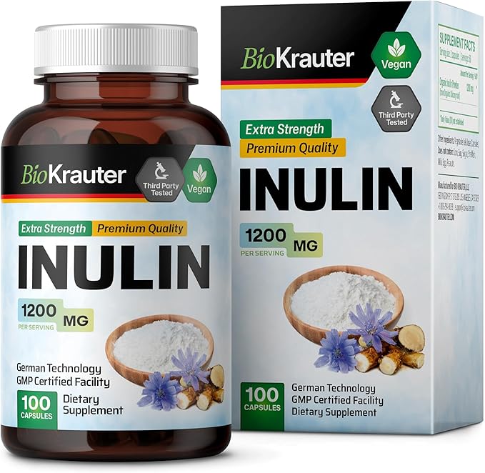 BIO KRAUTER Inulin Powder Capsules - 1200 mg Strength - 100 Count - Pure Soluble Fiber Supplements - Chicory Root Fiber Capsules for Digestive Support - Vegan