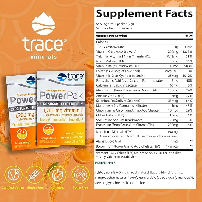Trace Minerals Power Pak Sugar-Free - Immune & Energy Health Support - Powder Drink Mix with Vitamins & Minerals - Supports Hydration & Mineral Absorption - Orange Mango, 30 Packets (30 Servings)