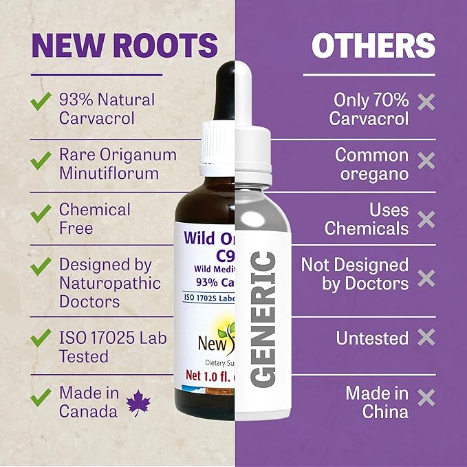 New Roots | Wild Oregano Oil Drops, C93 | 93% Carvacrol (1 fl oz) Compare to Organic | Hand-Picked Mediterranean Oregano Oil Liquid | Non-GMO, Vegan, Gluten-Free