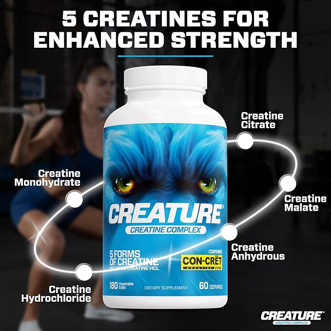 CREATURE® Creatine Complex - Creatine Monohydrate Capsules with 5 Types of Creatine Including Con-Crēt® Creatine HCL, Promotes Muscle, Strength, Endurance, Brain Health, 180 Veggie Caps, 60 Servings