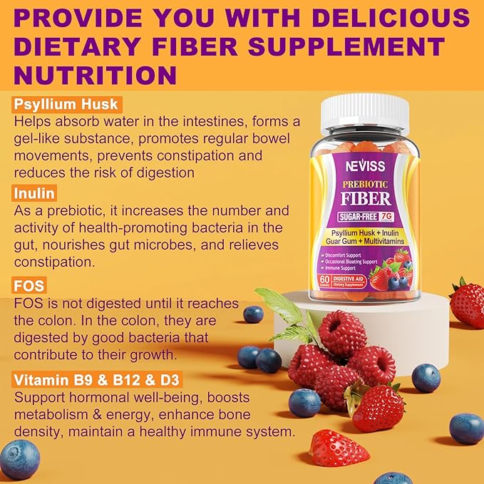 Fiber Gummies with Probiotics for Adults, 7G Soluble Fi ber + Insoluble Fi ber, Sugar Free with Psyllium Husk, Inulin, Fos, Multivitamins for Daily Digestive Health, Regularity Gut Support, Pack of 2