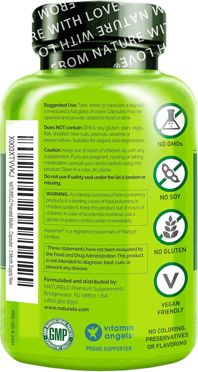 NATURELO Prenatal Multivitamin with Gentle Chelated Iron, Methyl Folate, Plant Calcium & Choline - Vegan, Vegetarian - Non-GMO - Gluten Free - 180 Capsules - 4 Month Supply (Pack of 2)