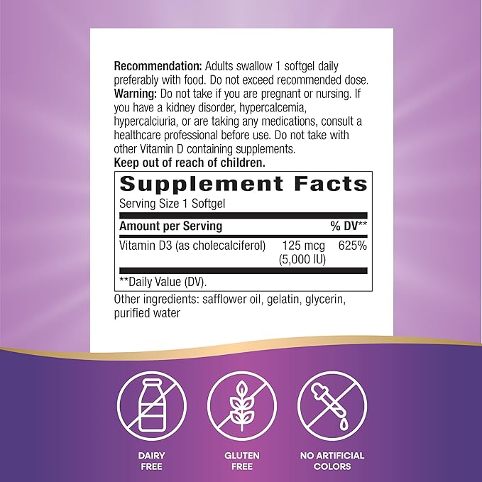 Nature's Way Vitamin D3 Max**, High Potency Vitamin D3, Supports Healthy Bones and Teeth*, Supports Immune Health*, 5000 IU (125 mcg) per Serving, 240 Softgels (Packaging May Vary)