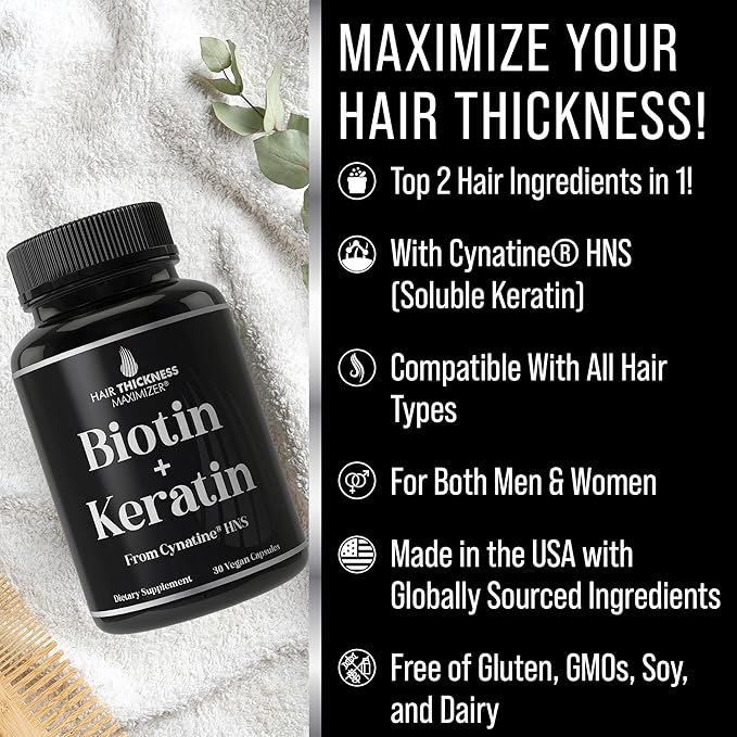 Biotin + Soluble Keratin Hair Growth Supplement - Clinically Tested Cynatine Keratin with 10000mcg Biotin Vitamins for Thicker, Healthier Hair for Women, Men