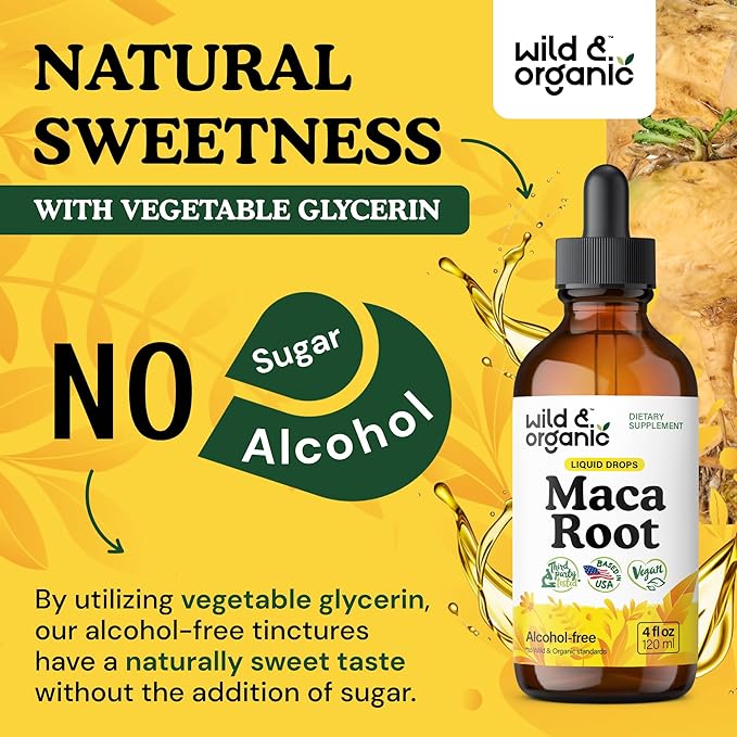Wild & Organic Maca Root Liquid Drops for Men & Women - Peruvian Maca Tincture for Overall Support - Vegan, Sugar & Alcohol-Free Supplement - 4 fl oz