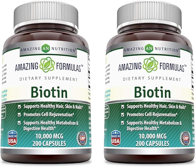 Amazing Formulas Biotin 10000 mcg | 200 Veggie Capsules | Vitamin B7 Supplement | Non-GMO | Gluten Free | Made in USA 2 Pack