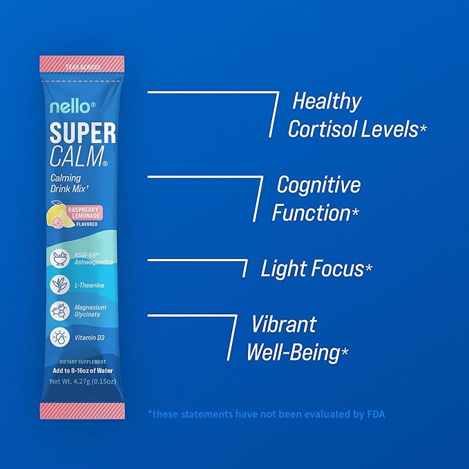 Supercalm Powdered Drink Mix, Raspberry Lemonade, L Theanine, Ksm-66 Ashwagandha, Magnesium Glycinate, Vitamin D 3, Supplements for Relaxation & Focus, No Sugar, Non GMO, On The Go, 20 Ct