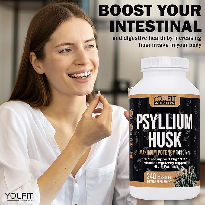 PSYLLIUM Husk Capsules - Premium Psyllium Fiber Supplement - Promotes Intestinal Health and Regularity - 100% Natural Soluble Fiber 1450mg Per Serving - 240 Capsules