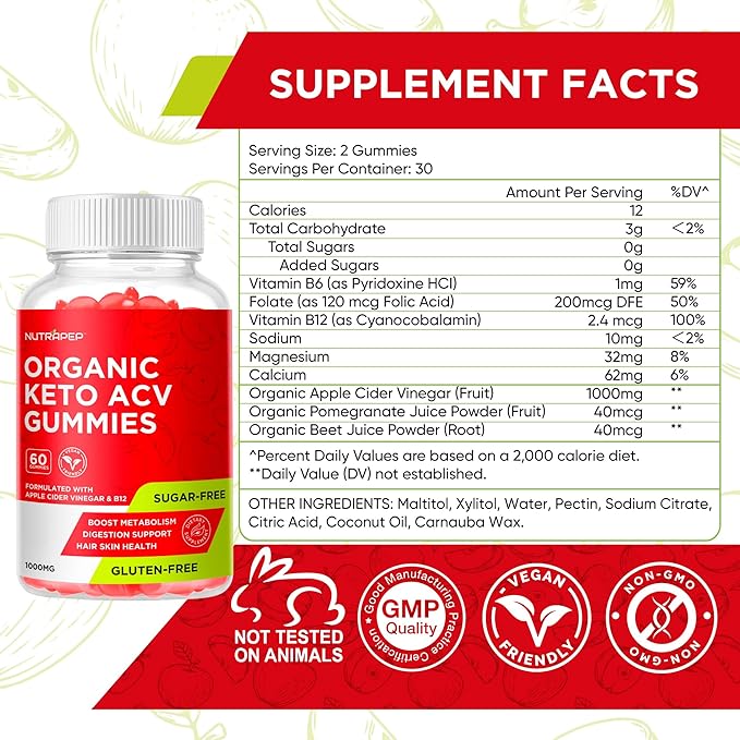 Organic Keto ACV Gummies - Gluten-Free & Sugar-Free Apple Cider Vinegar Supplement for Women Men (1000MG)
