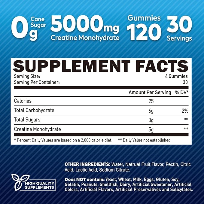 Creatine Monohydrate Gummies for Men, Creatine Monohydrate 5g Chewables for Muscle Growth & Recovery, Vegan, Sugar Free, Mixberry Flavor, 120 Count