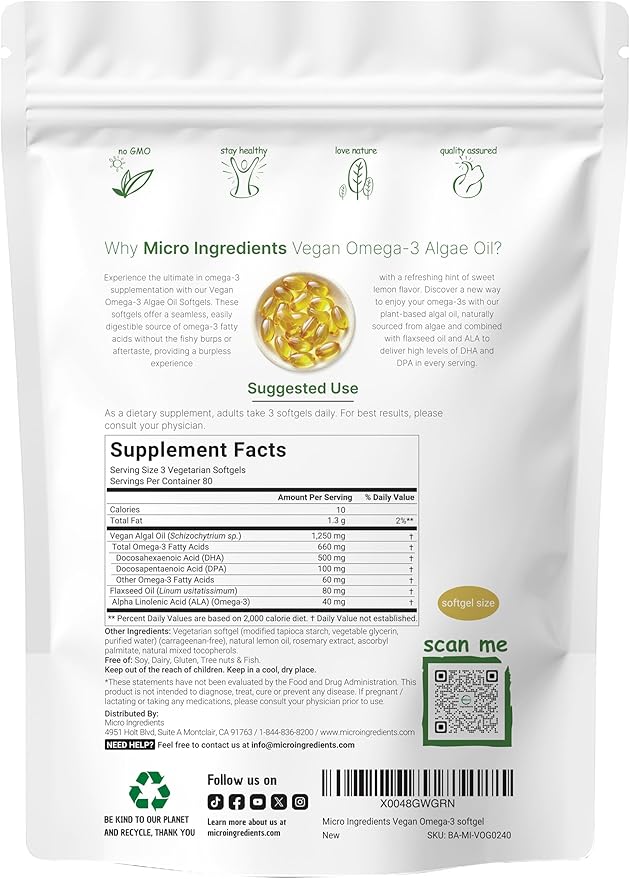 Micro Ingredients Vegan Omega 3 Algae Oil, 240 Veggie Softgels | Fish Oil Alternative | DHA 500mg & DPA 100mg | Carrageenan Free | Plant-Based Omega 3 with Flaxseed & ALA | Lemon Flavored