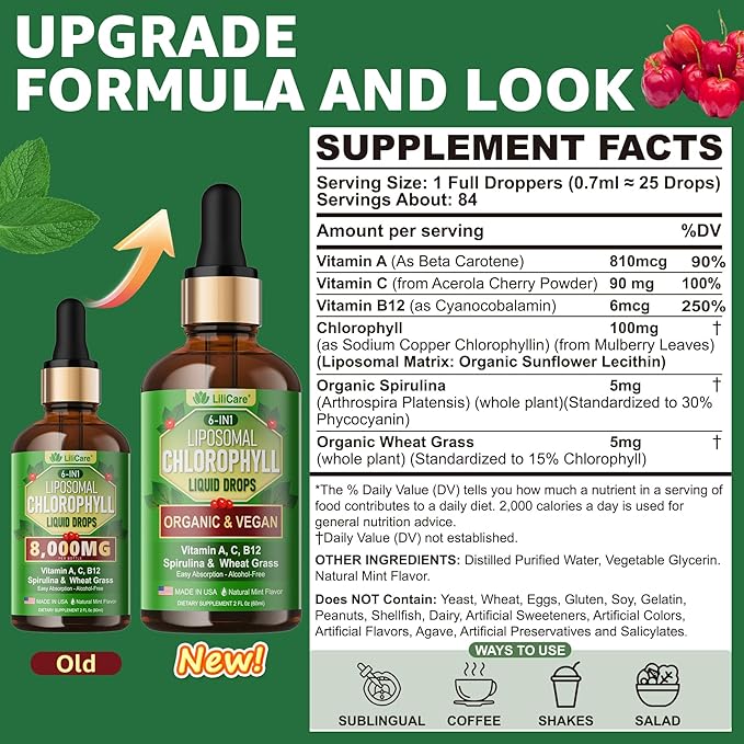 Organic Chlorophyll Liquid Drops Liposomal for Women & Men, 6-in-1 Greens Superfood Vegan Chlorophyll w/Spirulina, Wheat Grass, Vitamin C B12 A for Internal Deodorant*, Energy,Digestive,2Packs/4 Fl Oz