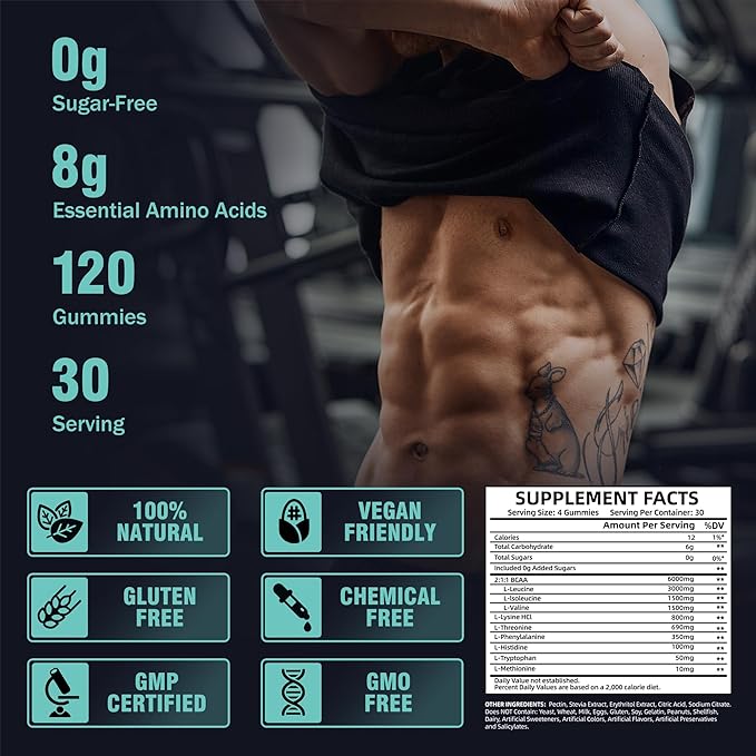 EAA Gummies 120 Gummies (Blue Raspberry), Essential Amino Acids - All 9 Essential Aminos (EAA) and All Branched-Chain Aminos (BCAAs), Non-GMO, Gluten Free, Vegetarian Friendly