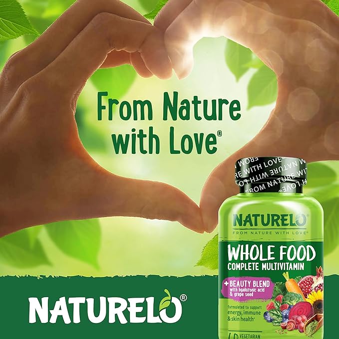 NATURELO Whole Food Multivitamin with Extra Hair, Skin & Nails Support - Beauty Blend with Hyaluronic Acid & Grape Seed - High Potency Biotin, Vitamin C, & Glutathione, 60 Vegan Capsules (Pack of 2)