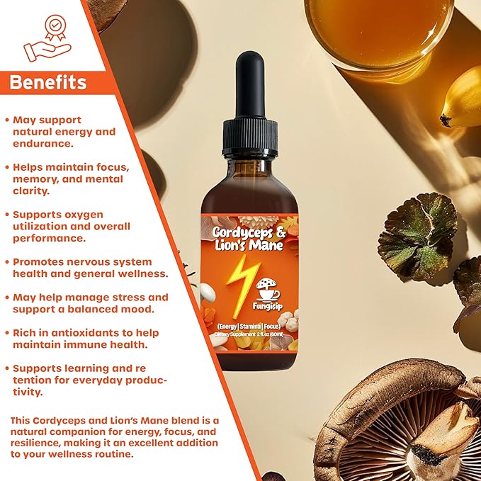 Cordyceps & Lion’s Mane Tincture – Organic Energy & Focus Support – Ultra-Potent Alcohol-Based Liquid Extract – 2 oz
