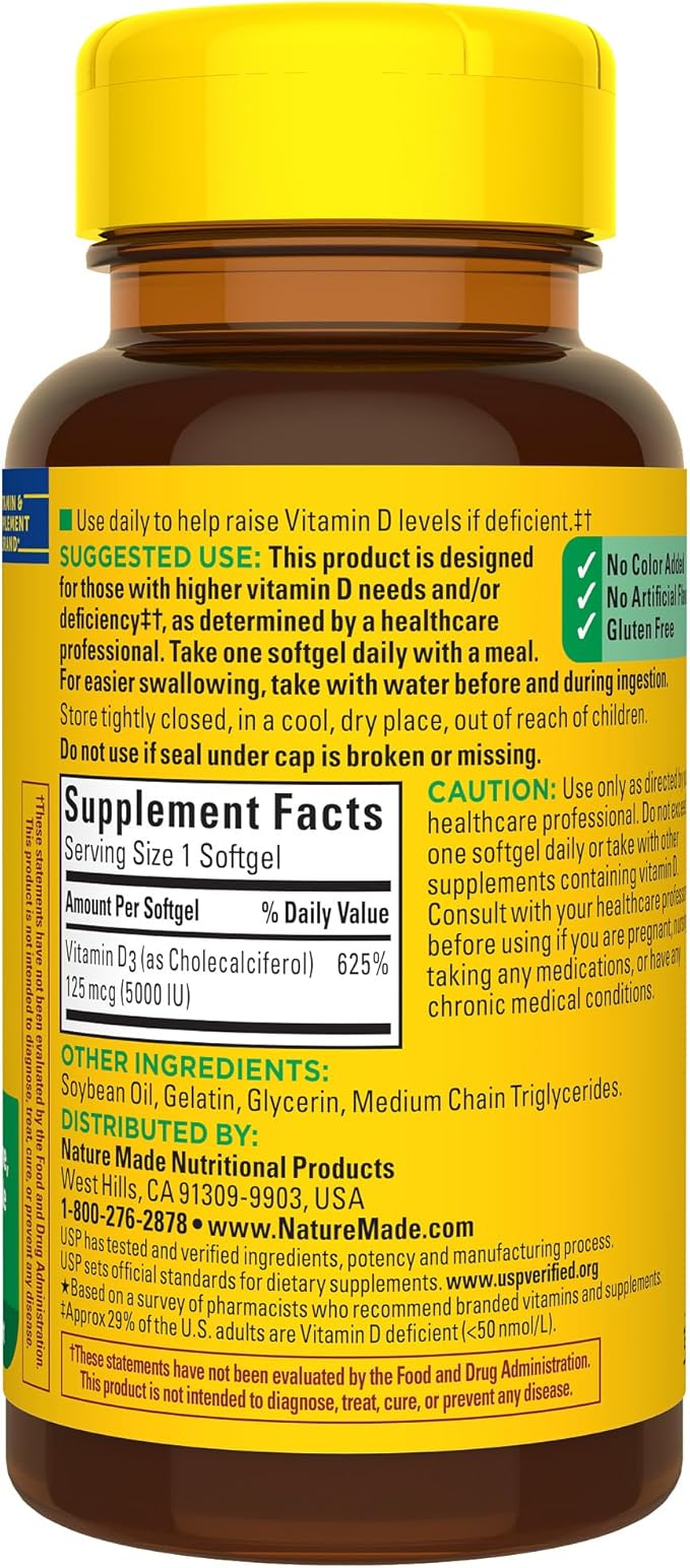Nature Made Extra Strength Vitamin D3 5000 IU (125 mcg), Dietary Supplement for Bone, Teeth, Muscle and Immune Health Support, 90 Softgels, 90 Day Supply