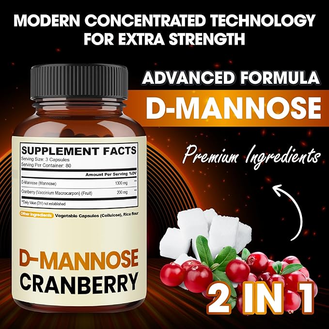agobi D-Mannose and Cranberry Blend Capsules - 240 Vegan Pills for 80 Days - Super Concentrated Formula for UTI Health, Digestive & Immune Support - Gluten-Free, Non-GMO