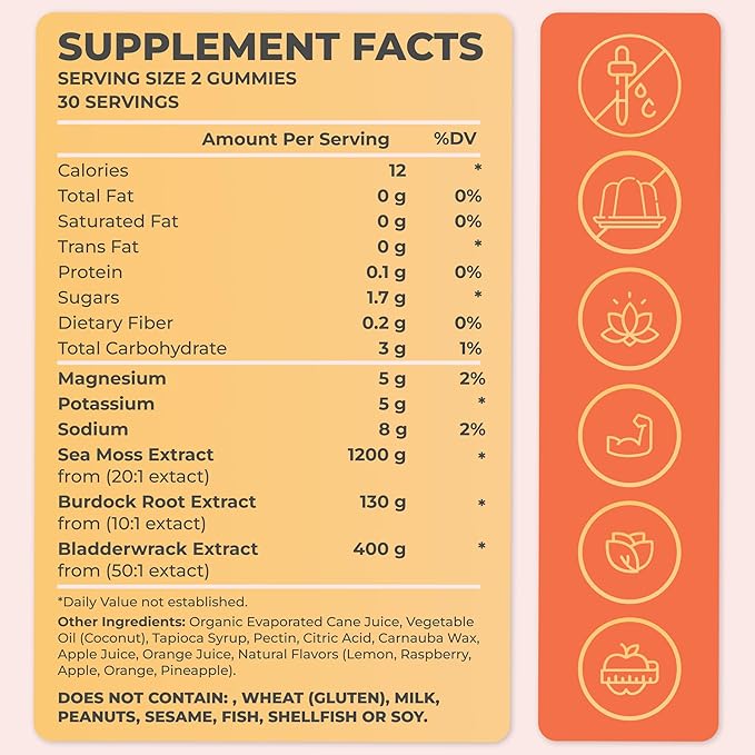 Sea Moss Gummies for Women, Kids & Men with Bladderwrack, Burdock Root & Magnesium – 60 Vegan Gummies