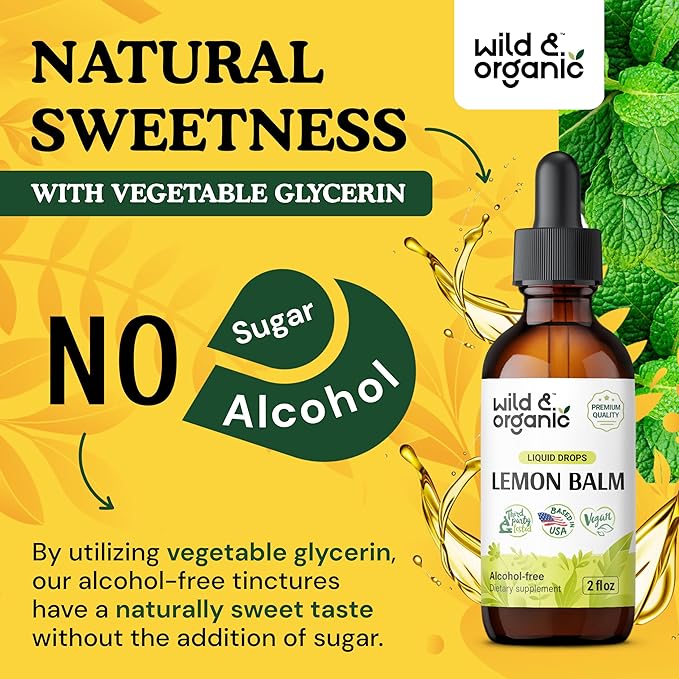 Wild & Organic Lemon Balm Drops - Relaxing Lemon Balm Leaf Extract Supplement - Calming Melissa Officinalis Tincture - Vegan, Sugar & Alcohol-Free - 2 fl oz