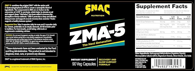 SNAC ZMA-5 Sleep Aid Supplement, Promote Muscle Recovery & Growth, Immune Support, & Restorative Sleep with Zinc, Magnesium & 5-HTP, Post Workout, Before Bed ZMA Supplements 180 Count (2 Pack)