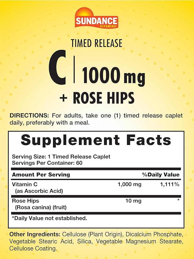 Sundance Vitamin C 1000mg with Rose Hips | 60 Coated Caplets | Timed Release | Vegetarian, Non-GMO, and Gluten Free Supplement