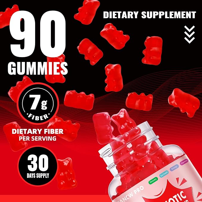 Prebiotic Fiber Gummies for Adults, 7G Extra Strength, Zero Sugar Added, 90 Pectin Based Gummies, Digestive Health & Regularity Support-Strawberry