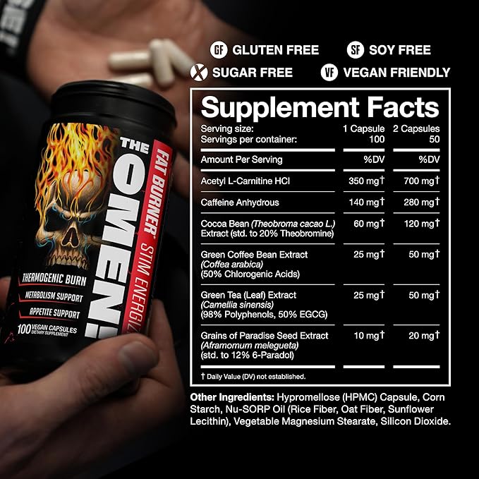 JNX SPORTS The Omen! Thermogenic Fat Burner – Dietary Supplement for Men & Women with L Carnitine | Appetite Suppressant & Metabolism Booster | 100 Capsules