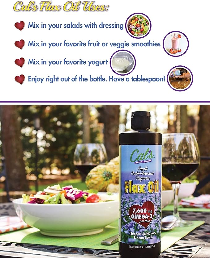 Cal's Flax Oil, Cold-Pressed Flaxseed, High in Omega-3 Fatty Acid, Unrefined Flaxseed Oil, Essential Flaxseed Oil Liquid Supplement for Joint, Skin, and Heart Health Support - 16 oz