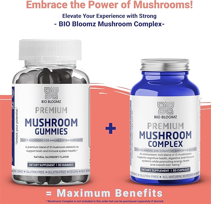 Premium Mushroom Gummies for Adults - Lion's Mane Supplement Gummy with Turkey Tail, Shiitake, Cordyceps, Reishi, Chaga, Maitake Mushroom Gummy - Energy Nootropics Brain Support Supplement