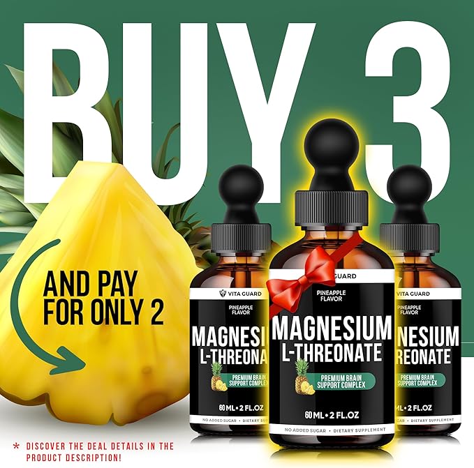 Magnesium L-Threonate Liquid Drops – 500mg High-Absorption Brain Support, Pineapple Flavor, 60ML Vegan, Gluten-Free, Non-GMO