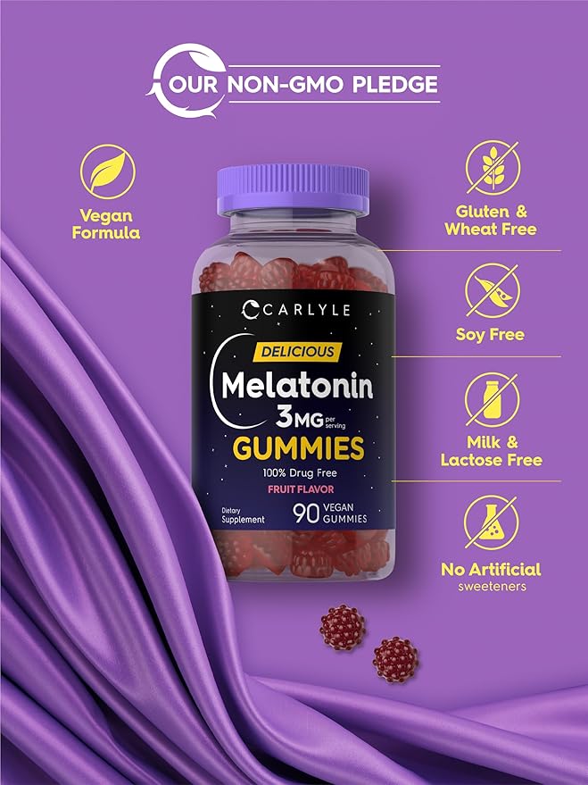 Carlyle Melatonin Gummies 3mg | 90 Count | Fruit Flavor Gummy Supplement | 100% Drug Free Support | Vegan, Non-GMO, Gluten Free