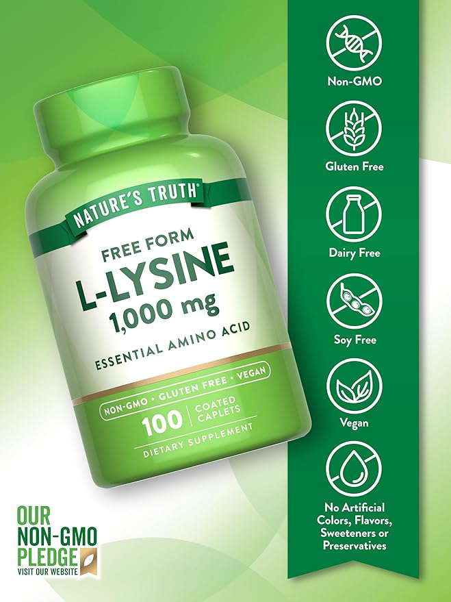 Nature's Truth L Lysine 1000mg | 100 Coated Caplets | Essential Amino Acid | Vegan, Non-GMO, & Gluten Free Supplement