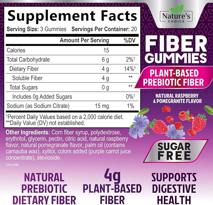 Sugar Free Fiber Gummies for Adults, Daily Prebiotic Natural Soluble Fiber Supplement & Digestive Health Support - Regularity & Digestion Health Support, Plant Based Berry Flavor - 60 Gummies