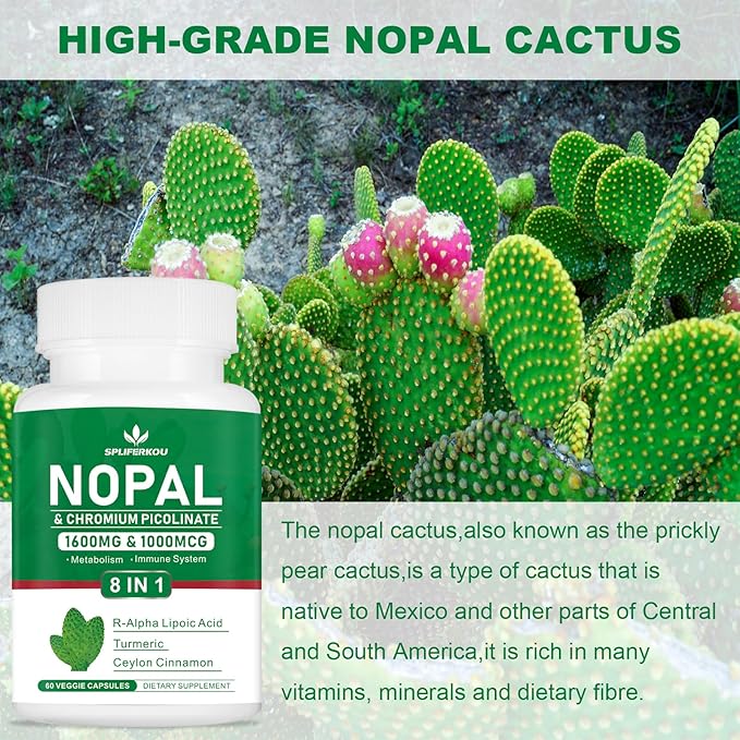 Super Nopal 1600mg, Prickly Pear Supplement with R-Alpha Lipoic Acid, Turmeric,120 Capsules (60 Servings)