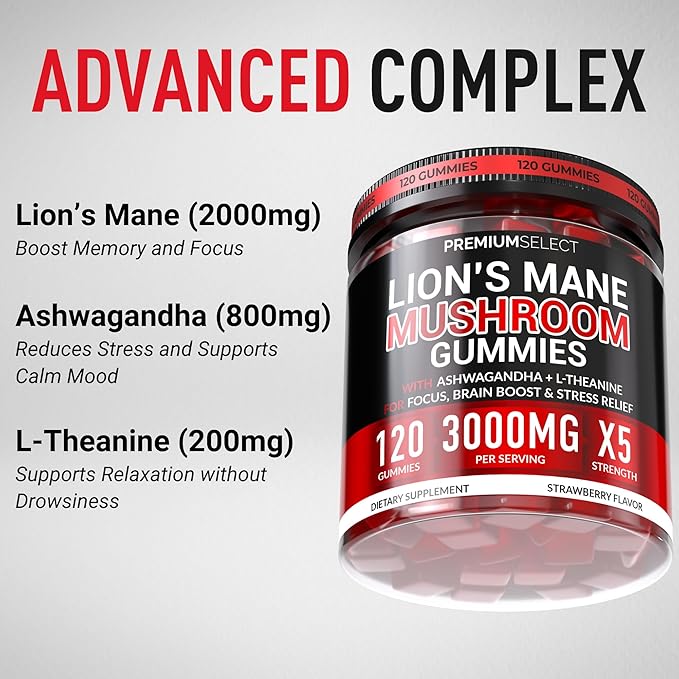 Lions Mane Gummies Sugar Free – 120 Gummies for Clarity & Brain Nutrition Support - Lion's Mane Mushroom 3000mg with Ashwagandha & L-Theanine – Brain & Mood Supplement – Focus, Memory, Calm