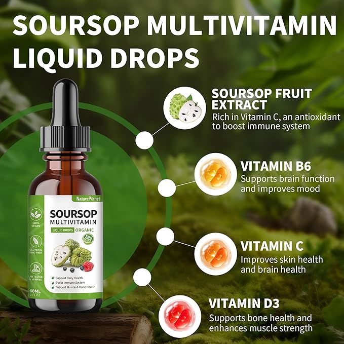 Organic Soursop Bitters Liquid Drops with Vitamin B6, C, D3 Soursop Multivitamin Liquid for Gut Detox Bone Health & Immune Boost Daily Health Support Gluten-Free Vegan & Organic - 4 Fl Oz, 120 ml