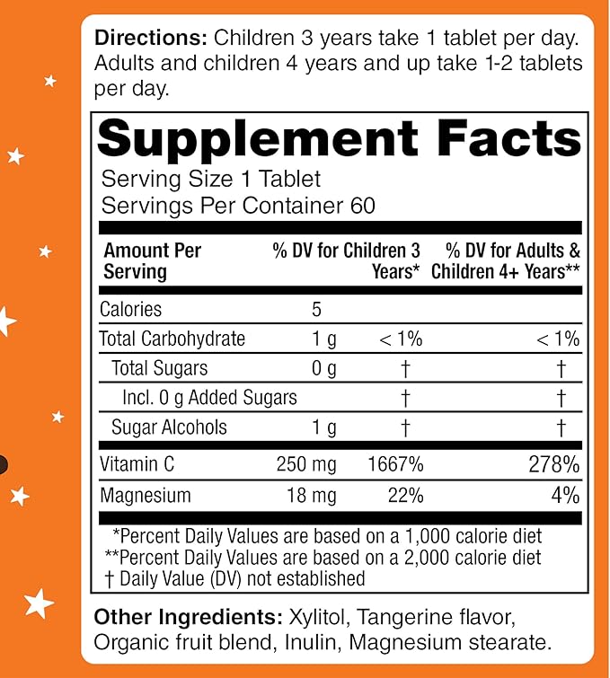 KidStar Nutrients Vitamin C Chewable Tablet, Sugar-Free, Tangerine Flavor, 250mg Magnesium Ascorbate, 60 CT