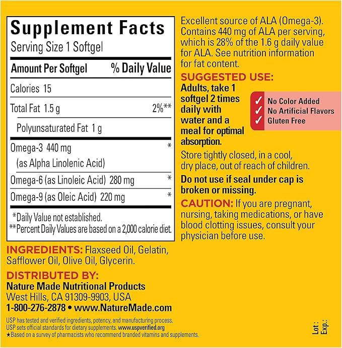 Nature Made Triple Omega 3 6 9 Supplements, Flaxseed, Safflower & Olive Oils, Fish Free Omega 3 Fatty Acid Supplement, 150 Softgels, 75 Day Supply