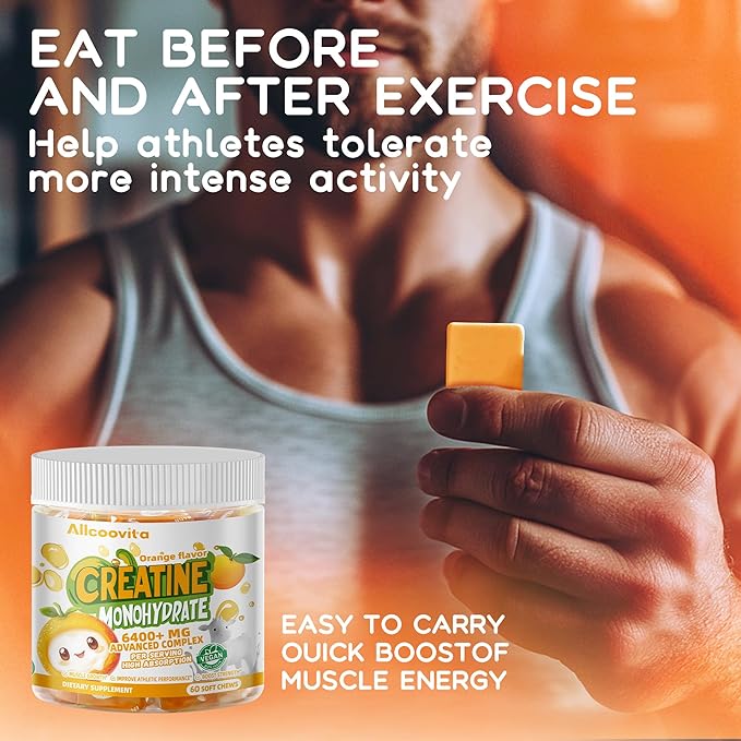 Creatine Monohydrate Chews Complex 6400mg for Men & Women -Advanced Formula W/L-Taurine + Vitamin B12, Sugar Free Chewable Supplement,60 Orange Softchews
