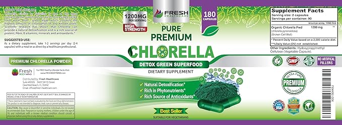 FRESH HEALTHCARE Premium Chlorella Supplement, 1200mg Pure Vegan Powder Capsules, 180 Chlorophyll and CFG Pills, Natural Detox Superfood, Naturally Contains B Vitamins and Minerals