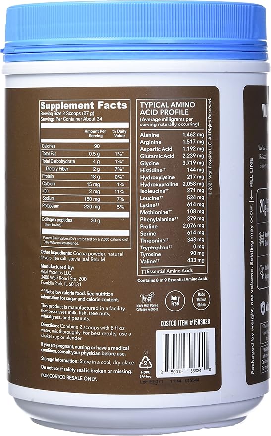 Vital Protein Collagen Peptides, Pasture Raised, Grass Fed, Paleo Friendly, Gluten / Zero Sugar Dairy Free, Chocolate, 32.56 Oz