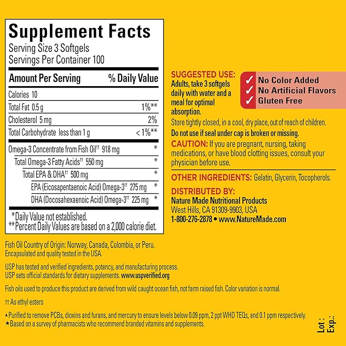 Nature Made Omega 3 Fish Oil Supplements, 550mg Per Serving, Fish Oil Omega 3 Supplements as Ethyl Esters for Healthy Heart Support, 300 Softgels, 100 Day Supply