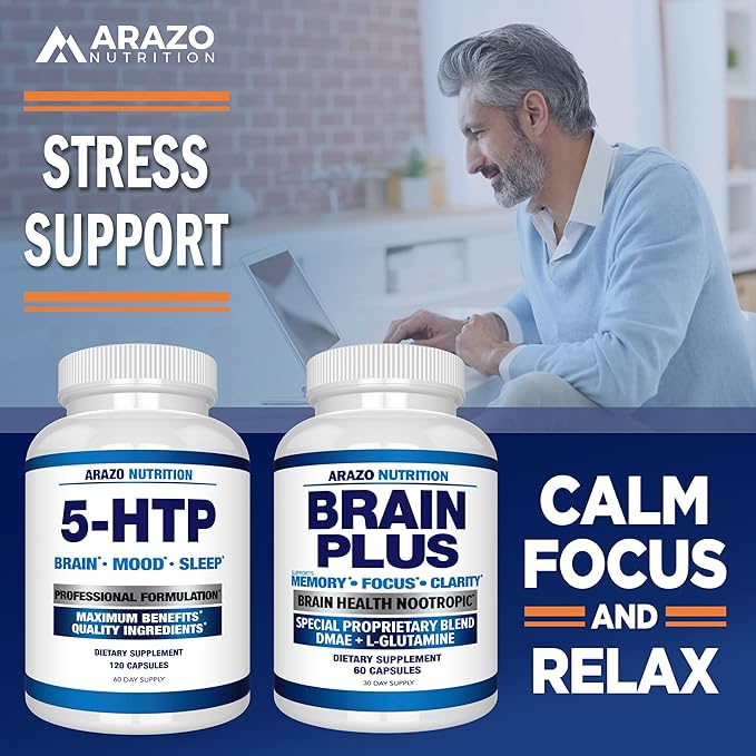 5-HTP 200 MG Plus Calcium for Mood, Sleep – Supports Calm and Relaxed Mood – 99% High Purity – 120 Capsules – Arazo Nutrition