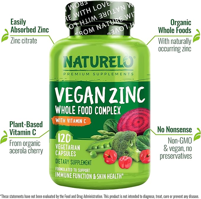 NATURELO Vegan Zinc Immune Support Capsules - Whole Food Complex with Vitamin C for Healthy Skin, Hair, and Nails - 120 Capsules (Pack of 2)