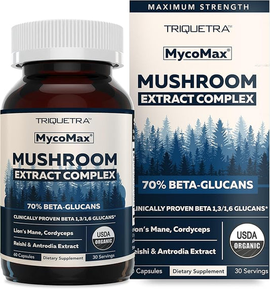 MycoMax Mushroom Complex - 70% Beta Glucans, Max Potency Mushroom Supplement, US Grown + Ultrasonic Extraction - Lions Mane, Cordyceps, Reishi & More - Cognition, Immunity, Energy - 60 capsules