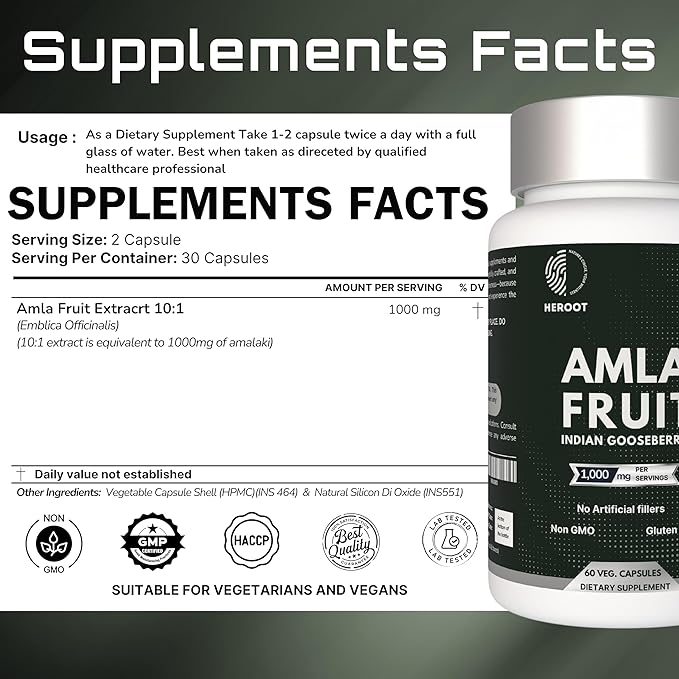 Organic Amla Capsules – Natural Vitamin C Supplement for Immunity, Skin, and Hair Health – 60 Capsules